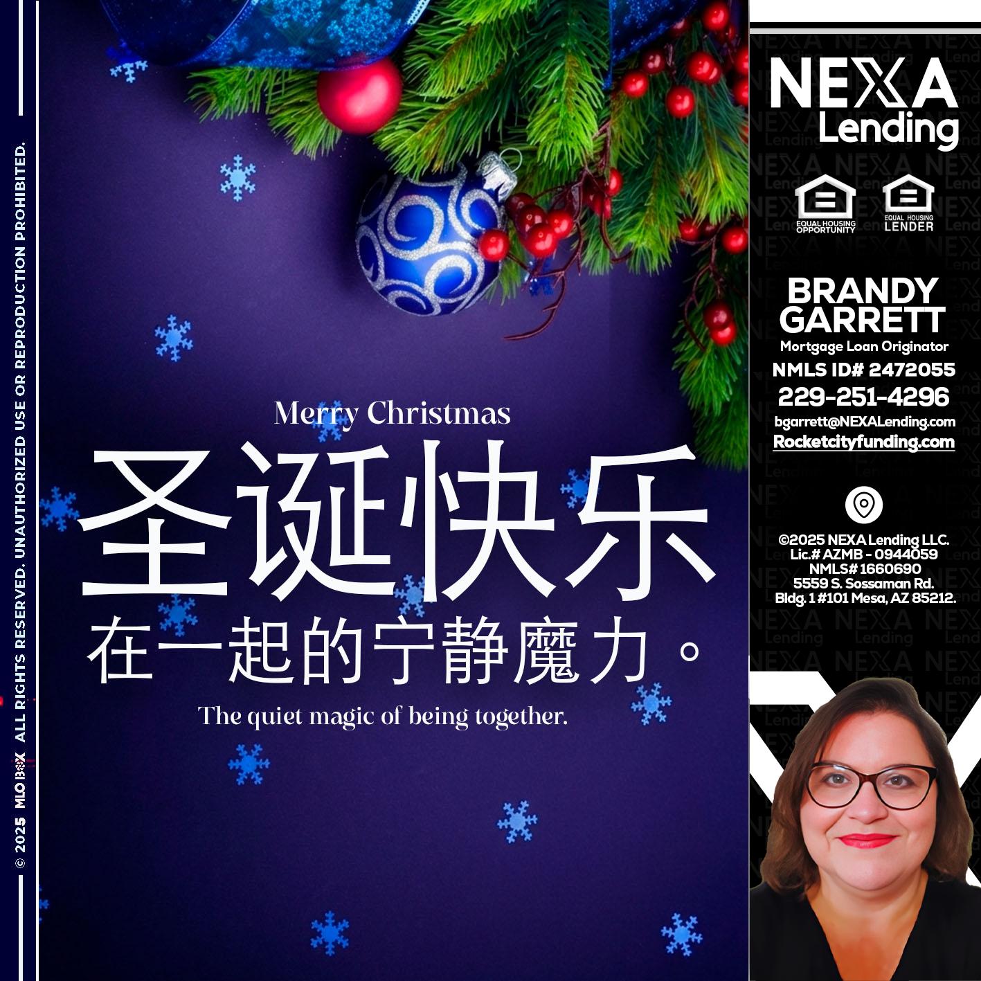 圣诞快乐 在一起的宁静魔力。 - Brandy Garrett -Mortgage Loan Originator